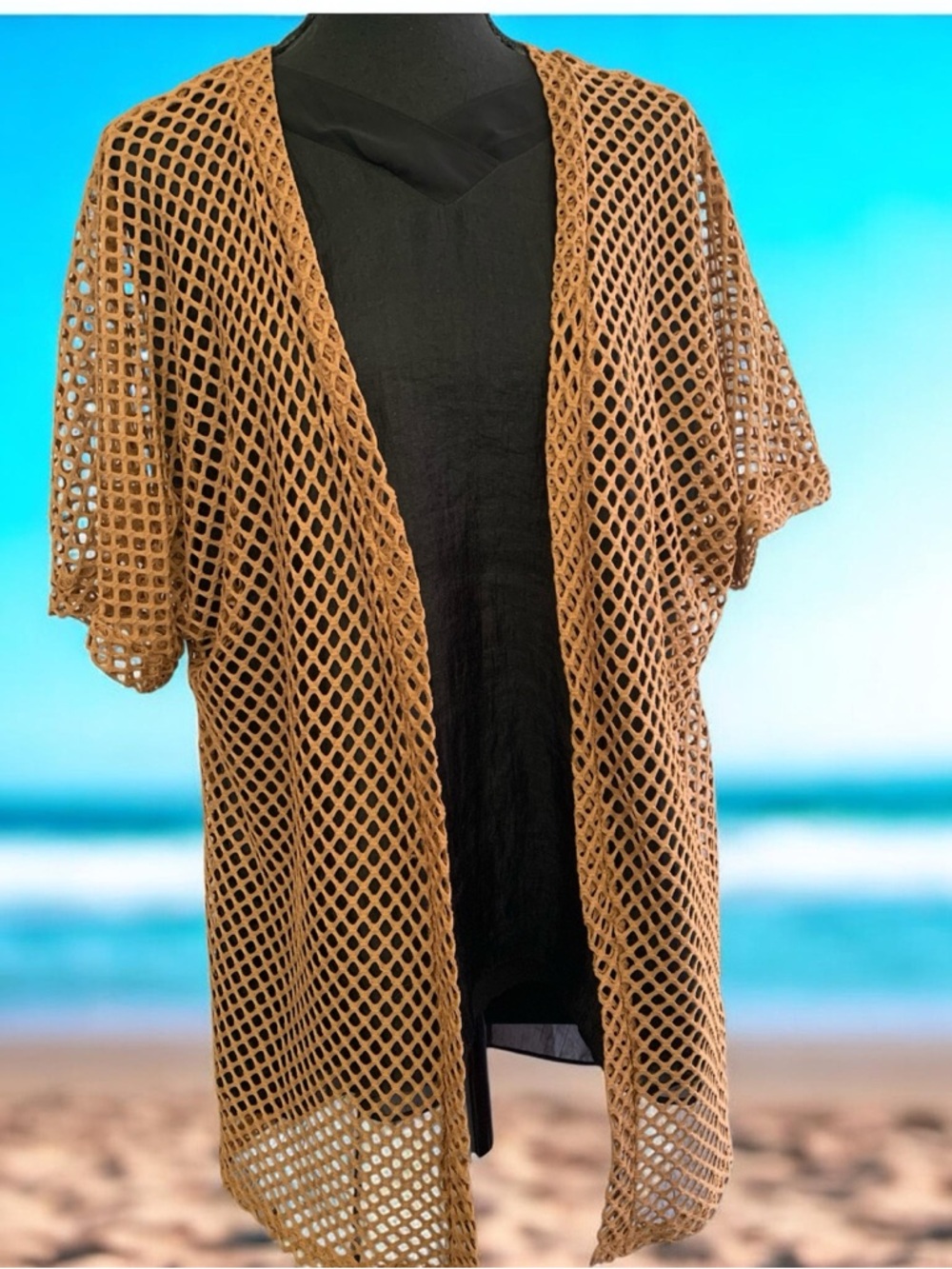 Open Weave Crochet Kimono Swimsuit Coverup - Camel